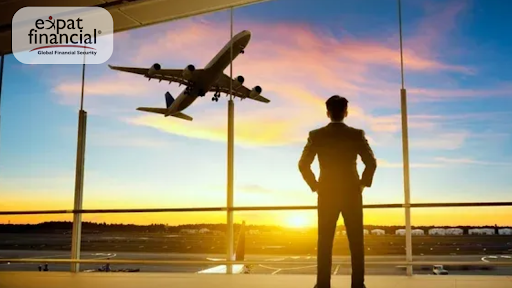 Digital nomad looking at an airplane from an airport terminal, representing international travel, global mobility, and nomad health insurance coverage.